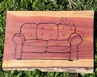 Hand-Burned Cat on Couch Cedar Wood Art, Rustic Whimsical Decor