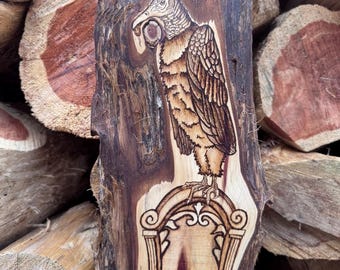 Hand-Burned Vulture Tomb Wood Art, Rustic Gothic Wall Hanging, Red Cedar Wood