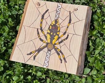 Garden Spider Wood Burning Art, Argiope Aurantia Orb Weaver Wall Hanging