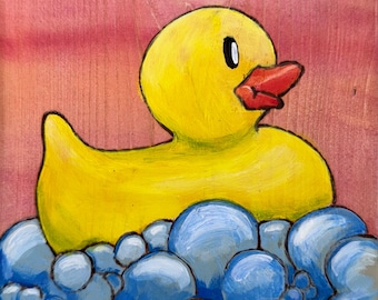 Badeend in bubbelbad Acrylschilderij op hout