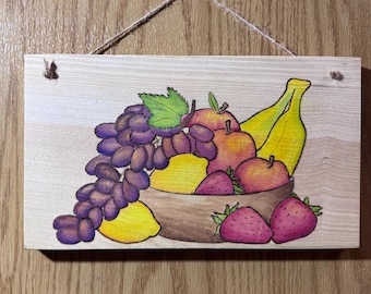 Fruit Bowl Still Life Watercolor Painting on Wood, Handmade Wood Burning