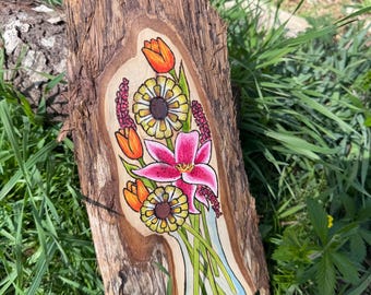 Flower Bouquet Wood Burning, Handmade Botanical Wall Art