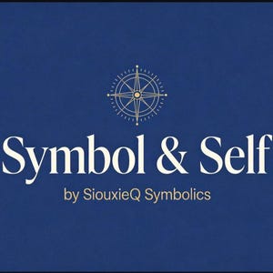 May include: A navy blue background with the words "Symbol & Self" in large, white, elegant font. Above the text is a gold compass design. Below the text is "by SiouxieQ Symbolics" in a smaller font.