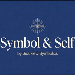 May include: A deep blue rectangular graphic featuring a gold compass rose icon centred at the top. Below the icon, the text reads Symbol & Self in a white serif font, followed by the smaller text by SiouxieQ Symbolics in a gold sans-serif font.