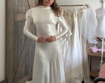 Vintage 1930s Bias Cut Candlelight Satin Long Sleeve Cathedral Train Wedding Dress