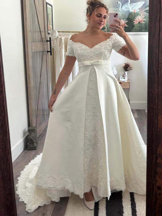 Y2K Lamour Satin and Pearl 1960s Inspired Empire Waist Bridal Gown