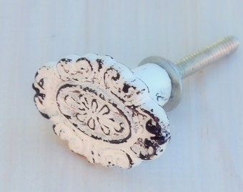 White Oval Vintage Knob Cast Iron Knob Cabinet Knob Dresser Knob Rustic Furniture Knob Rustic Shabby Chic