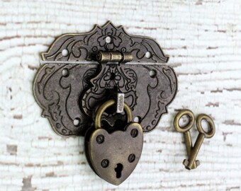 Antique Brass Latch Clasp - Padlock with Keys - Functional Lock - Small Hardware - Lock and Keys - Box Clasp - Brass Latch