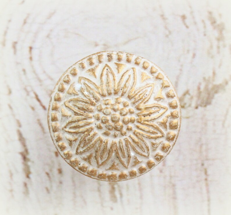 WHITE Knob FLOWER Gold DAISY Drawer Dresser Knob Etsy
