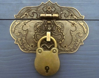 Antique Brass Latch Clasp - Padlock with Keys - Functional Lock - Small Hardware - Lock and Keys - Box Clasp - Brass Latch