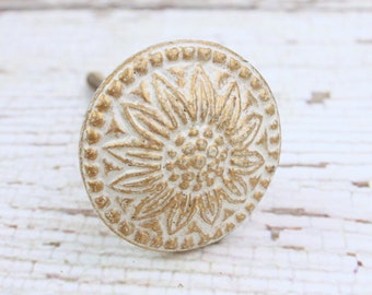 WHITE Knob FLOWER Gold DAISY Drawer Cabinet Dresser Knob Rustic Metal