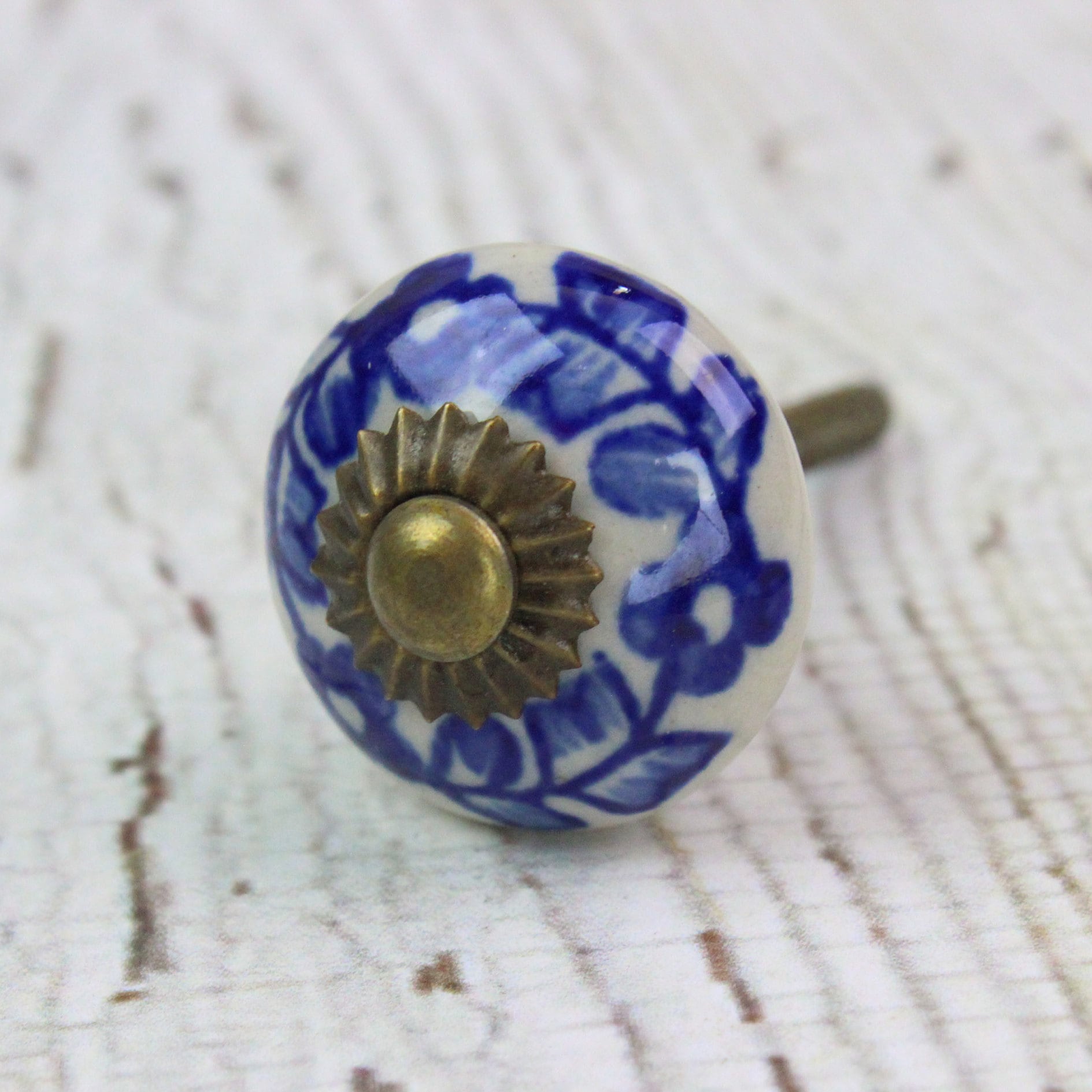 Blue White Knobs Dresser Knobs Ceramic Knobs Antique Brass Etsy