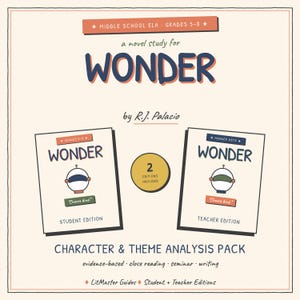 Op de afbeelding: Een studiepakket voor de roman Wonder van R.J. Palacio, inclusief een leerlingeditie en een docenteneditie. De omslag toont de titel, groep 5-8 en een astronautenhelm. Tekst bevat: Character & Theme Analysis Pack.