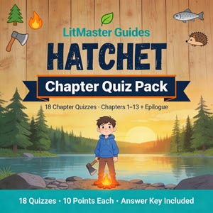 May include: A book cover for "Hatchet Chapter Quiz Pack" by LitMaster Guides. The cover features a cartoon illustration of a boy with an axe standing by a campfire, with a lake and forest in the background. The title and quiz details are displayed.