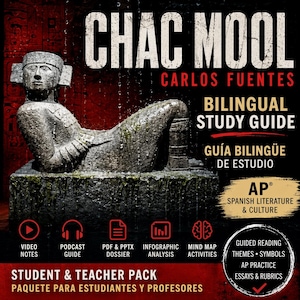 May include: A book cover for "Chac Mool" by Carlos Fuentes. The cover features a stone sculpture of a reclining figure. Text includes "Bilingual Study Guide" and "Student & Teacher Pack". Additional icons indicate study resources.