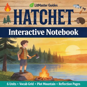 Op de afbeelding: Geïllustreerde omslag voor een "Hatchet" interactief notitieboek. De omslag toont een jongen met een bijl bij een kampvuur en een meer. De titel staat in grote blauwe letters, met de woorden "Interactive Notebook" eronder. De tekst "6 Units • Vocab Grid • Plot Mountain • Reflection Pages" is ook opgenomen.