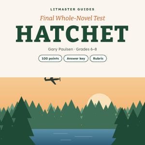 May include: A Litmaster Guides educational document titled Final Whole-Novel Test for the book Hatchet by Gary Paulsen for grades 6-8. It includes 100 points, an answer key, and a rubric. The graphic shows a silhouette of a plane over a forest.