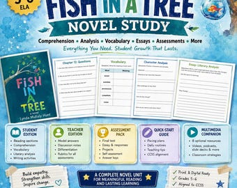 Fish in a Tree Novel Study Guide | Grades 5–6 Reading Unit, Chapter Questions, Tests, Projects, Answer Keys & Multimedia
