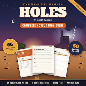 Op de afbeelding: Een docentenhandleiding voor de roman Holes van Louis Sachar. De omslag toont een woestijnlandschap met gaten, een zonsondergang en een bliksemschicht. Het bevat 65 printklare pagina's, 50 hoofdstukken in 8 delen, woordenschat en antwoorden.