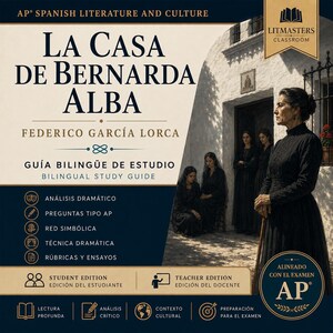 May include: A bilingual study guide for La Casa de Bernarda Alba by Federico García Lorca. The cover features the title in large black text, a list of study topics, and an image of women in black dresses standing outside a white building.
