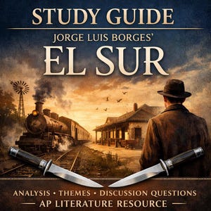 May include: A study guide for Jorge Luis Borges' El Sur featuring a train, a station, and a person in a hat. Two knives with dark handles and silver accents are positioned at the bottom. Text includes STUDY GUIDE, EL SUR, ANALYSIS, THEMES, DISCUSSION QUESTIONS, and AP LITERATURE RESOURCE.