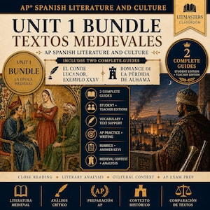 May include: A digital educational bundle for AP Spanish Literature and Culture titled Unit 1 Bundle Textos Medievales. It features illustrations of medieval figures, a city at night, and lists components like student and teacher guides.