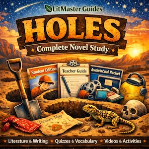 Könnte beinhalten: Digitale Illustration, die einen Roman-Leitfaden für "Holes" bewirbt. Das Bild zeigt eine Schaufel, eine Schatzkarte, eine Eidechse und einen Schädel. Der Titel "HOLES" ist prominent dargestellt, zusammen mit "Complete Novel Study" und anderen Lernmaterialien.