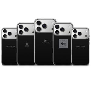 May include: A collection of black smartphone cases with silver camera housings. Each case displays a different message: "DISCONNECTED", "LOCKED", "You're offline.", "Silence says it all", and "404 NOT FOUND".