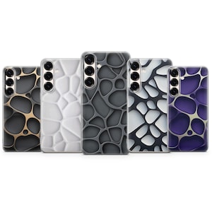 May include: Five phone cases with a cellular pattern in various colors: gold and gray, white, gray, black and white, and purple. Each case has a camera cutout with three lenses.