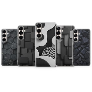 May include: Five phone cases with unique geometric designs. The cases feature a variety of patterns, including a honeycomb, stacked blocks, abstract shapes, and a stone-like texture. The color palette is primarily black, white, and gray.