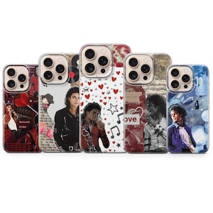 May include: A selection of phone cases showcasing images of Michael Jackson. The cases feature diverse designs, such as portraits, musical notes, hearts, and text. The cases are in various colours, including red, black, and blue.