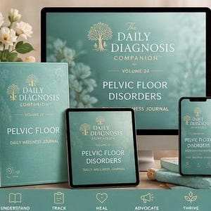 May include: A teal-coloured Daily Diagnosis Companion Volume 34 Pelvic Floor Disorders wellness journal set including a hardback book, a tablet, and a smartphone, all displaying matching branding, text, and a tree logo on a teal background.