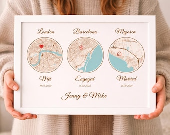 Personalized 3 Location Map Print, Our Love Story Poster, Custom Couple Gift