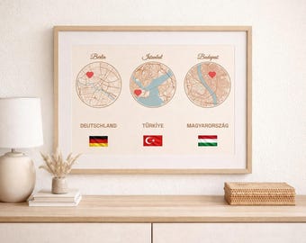 Personalized Multi City Map Print with Flags, Custom Travel Memory Wall Art (Digital File)