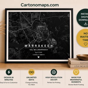 Może przedstawiać: Oprawiona czarno-biała mapa Marrakeszu z tekstem Cartonomaps.com, nazwą miasta, frazą YOU, ME & MARRAKECH, datą 4 kwietnia 2026 r. oraz współrzędnymi 31.6232 N / 7.9883 W z małą białą ikoną serca umieszczoną u dołu grafiki.