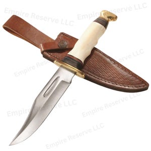 11.25" Bowie Knife – Stainless Steel Hunting Camping Knife, Bone Wood Handle, Leather Sheath
