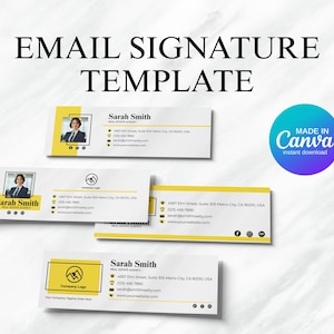 May include: Email signature template with the text "EMAIL SIGNATURE TEMPLATE". The design includes multiple email signature examples with a photo, name, and contact information. A "Made in Canva" badge is also present.