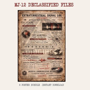 以下が含まれることがあります： 上部に「MJ-12 DECLASSIFIED FILES」と書かれたヴィンテージスタイルのポスター。ポスターには、詳細な情報、図、および「TOP SECRET」と「EYES ONLY」という言葉が記載された「EXTRATERRESTRIAL SIGNAL LOG」が掲載されています。下部には「6 POSTER BUNDLE - INSTANT DOWNLOAD」と書かれています。