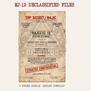 May include: A vintage-style poster with the text "MJ-12 DECLASSIFIED FILES" at the top. The poster is aged with a tan background and features "TOP SECRET/MAJIC" and "MAJESTIC 12" text. It includes a "STRICTLY CONFIDENTIAL" stamp and the text "6 POSTER BUNDLE - INSTANT DOWNLOAD."
