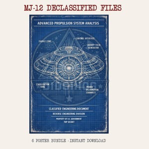 May include: A blue blueprint-style poster with the text "MJ-12 DECLASSIFIED FILES" at the top. The poster features a detailed diagram of a spacecraft with labels like "Energy Core" and "Gravity Field Generator". The bottom reads "6 POSTER BUNDLE - INSTANT DOWNLOAD".