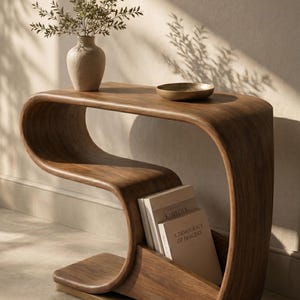 Mesa consola curva de nogal, mesa de recibidor moderna en forma de S, mesa de entrada de madera con espacio para guardar libros, mesa auxiliar con base dorada.