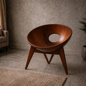 Moderner Schalen-Stuhl in Nussbaum, skulpturaler Schalen-Stuhl in Nussbaum, runder Lounge-Sessel, Mid-Century Style