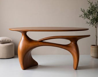 Mesa consola moderna y escultural de madera, mesa de entrada de nogal orgánico, mesa de pasillo artística, muebles de diseño únicos.