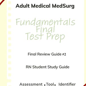 Könnte beinhalten: Ein Lernführer mit dem Titel "Adult Medical MedSurg Fundamentals Final Test Prep" mit Texten wie "Final Review Guide #2" und "RN Student Study Guide". Der Hintergrund ist hellgelb mit einem weißen Notizblock und roten dekorativen Linien.