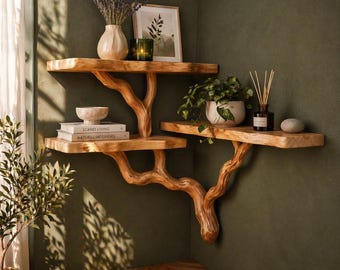Estantería de esquina de nogal - Estantería flotante hecha a mano con ramas de árbol - Estantería de pared de madera de 3 niveles - Decoración rústica de esquina con borde natural - Varios tamaños - Decoración del hogar