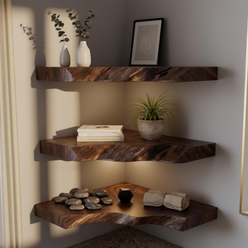 Live Edge Corner Floating Shelf – Solid Wood Handmade Wall Shelf ...