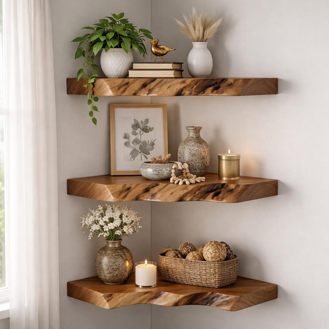 Live Edge Corner Floating Shelf – Solid Wood Handmade Wall Shelf ...