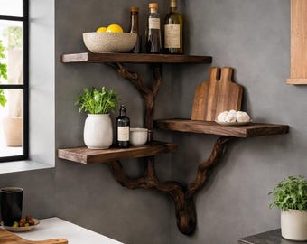 Estantería de esquina de nogal - Estantería flotante hecha a mano con ramas de árbol - Estantería de pared de madera de 3 niveles - Decoración rústica de esquina con borde natural - Varios tamaños - Decoración del hogar