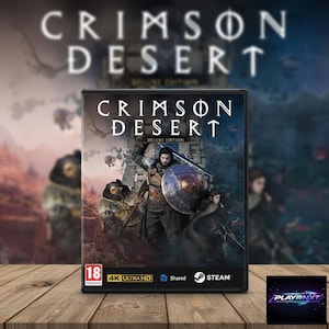 May include: A video game box for "Crimson Desert Deluxe Edition" featuring a warrior with a sword and shield. The box has the game title in white, with the rating "18" and "4K Ultra HD" displayed. The Steam logo is also visible.
