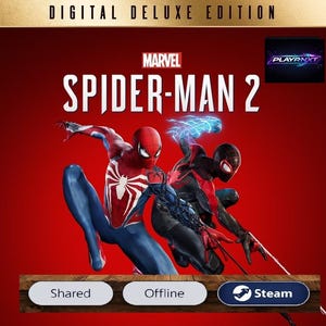 Könnte beinhalten: Cover-Art der Digital Deluxe Edition von Marvel's Spider-Man 2. Das Bild zeigt Spider-Man und Miles Morales in dynamischen Posen vor rotem Hintergrund. Der Titel des Spiels und das Marvel-Logo sind zu sehen. Enthält Steam-Logo.